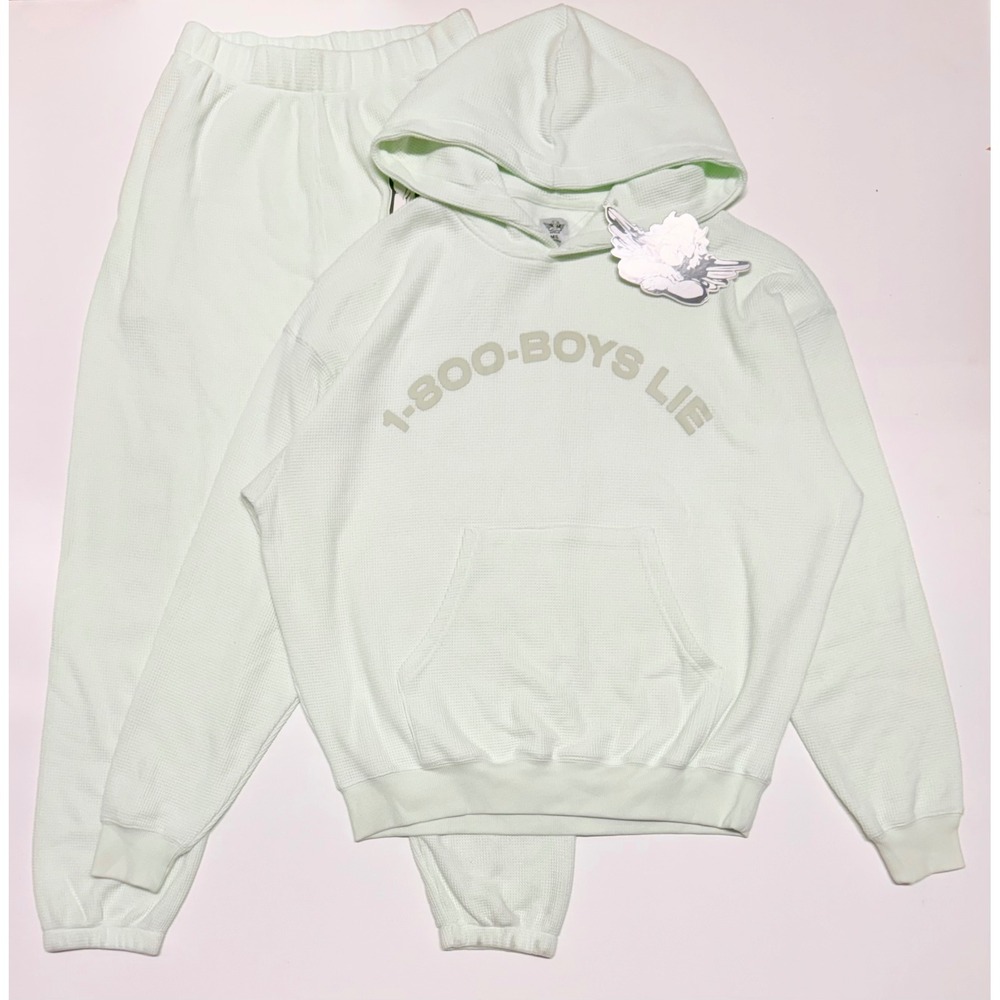 Boys Lie 1-800 Reunion Waffle Knit Hoodie and Sweatpants Set Mint Green Medium